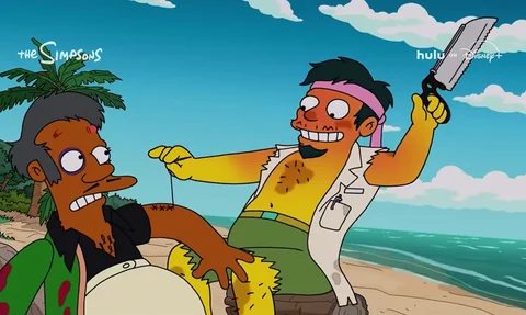 Screenshot of "The Simpsons" characters Apu and Dr. Nick from the 2026 Halloween special "Treehouse of Horror Presents: The Revengening"