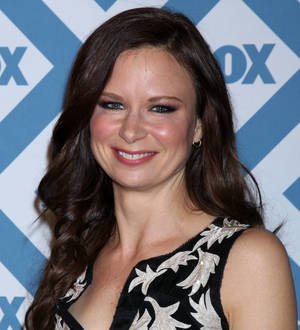 Mary Lynn Rajskub poses smiling in a strapless black top against a blurred background